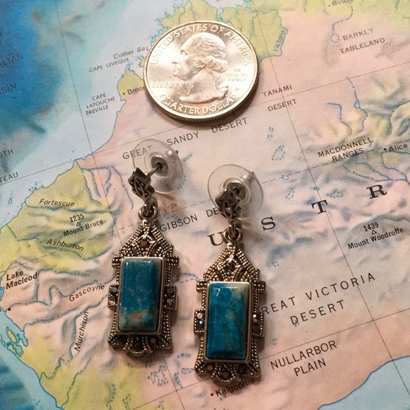 Turquoise Marcasite Pierced Earrings Missing Stone - Picture 3 of 8